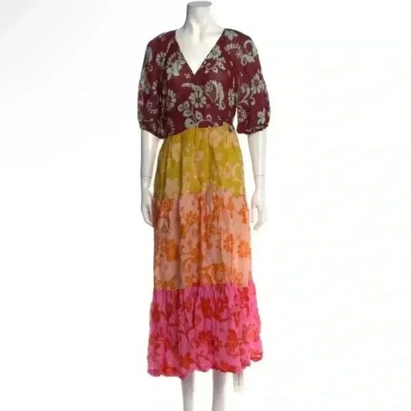 ALÉMAIS 100% Ramie Linen Multicolor Luis Wrap Puff Sleeve Midi Wrap Dress Sz 12 - Picture 9 of 15